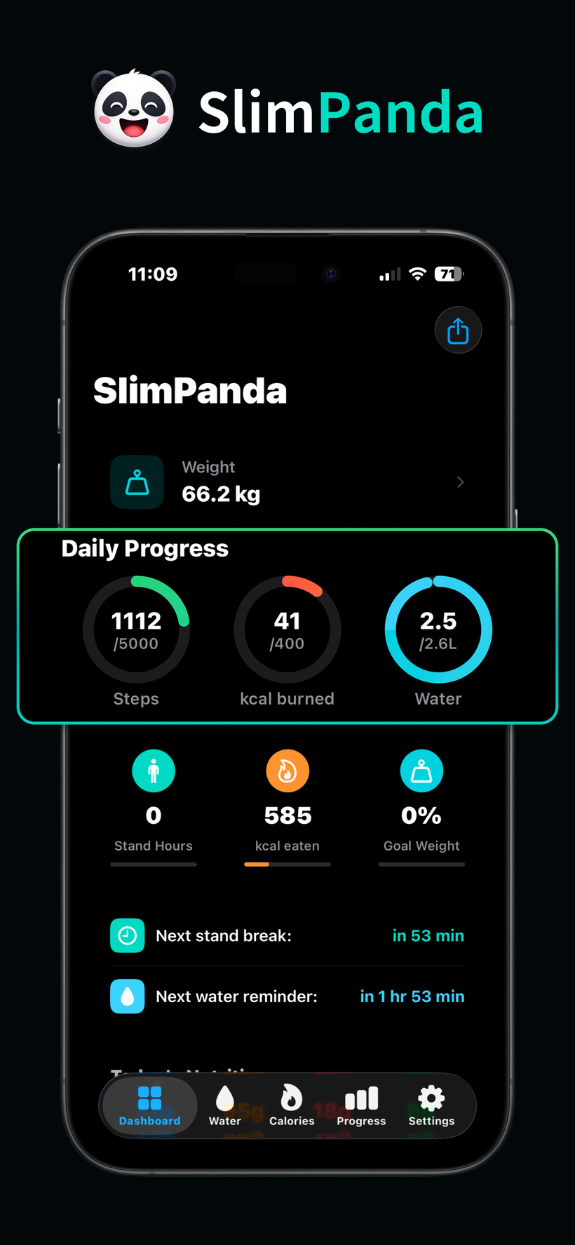 SlimPanda dashboard showing daily progress rings for steps, calories burned and water intake