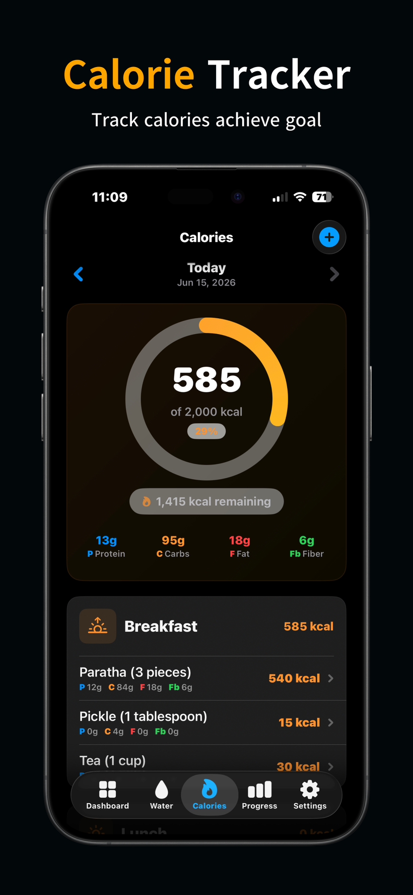 SlimPanda calorie tracker showing 585 of 2,000 kcal with a breakdown of protein, carbs, fat and fibre