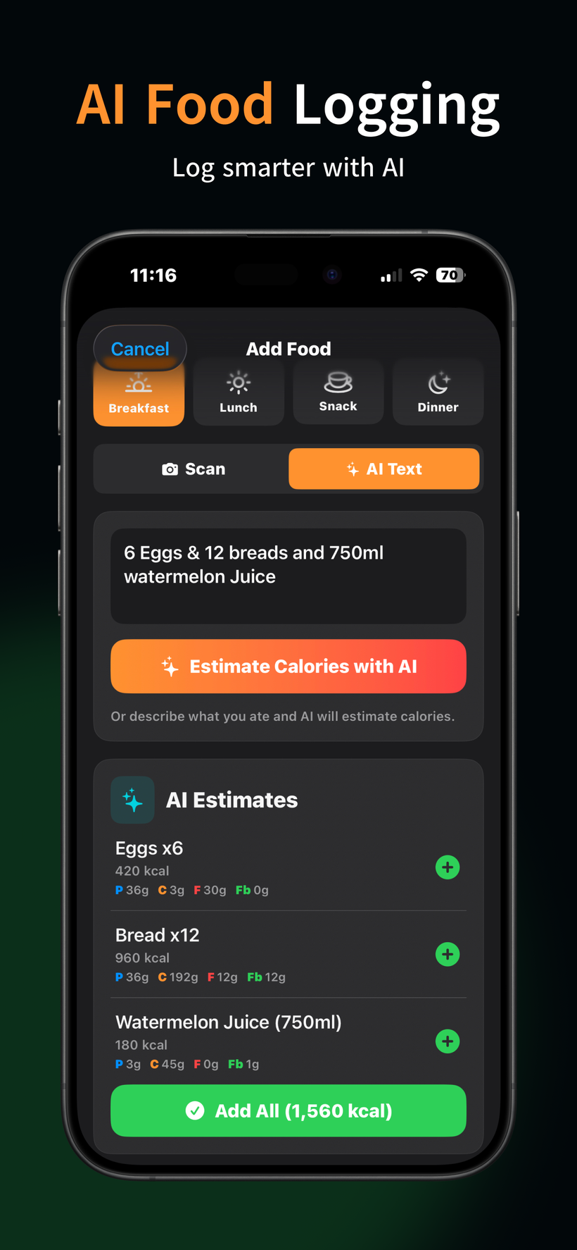 SlimPanda AI food logging screen estimating calories for eggs, bread and juice from a text description