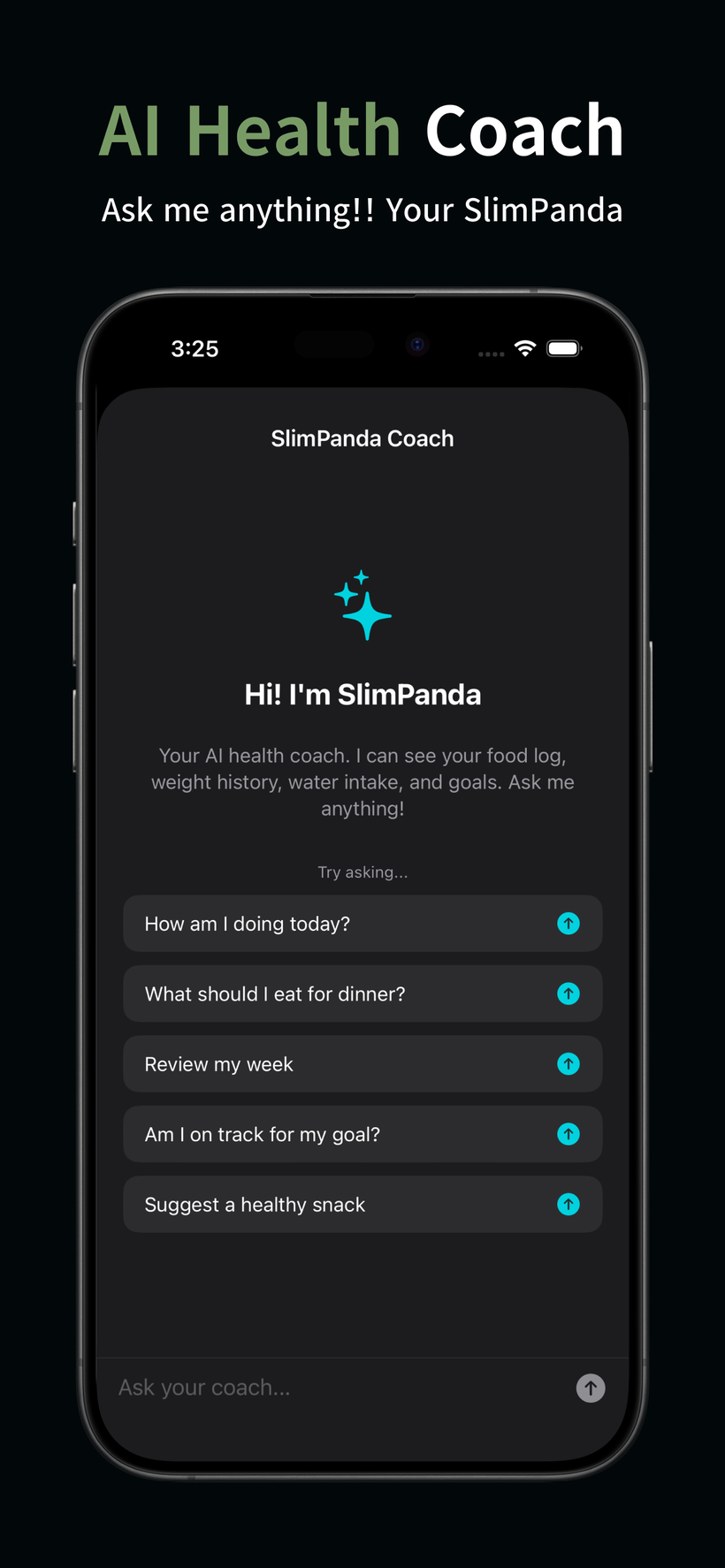 SlimPanda AI health coach chat offering suggested questions about progress and meals